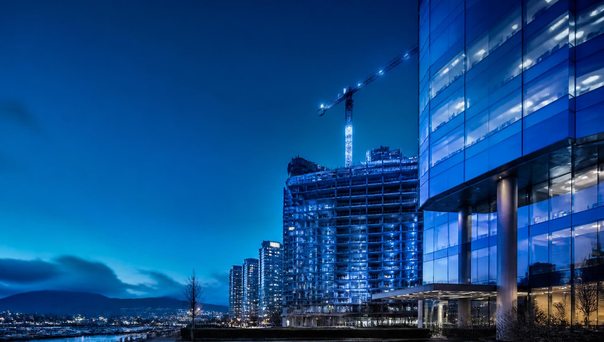 Canadian office and construction buildings at blue hour